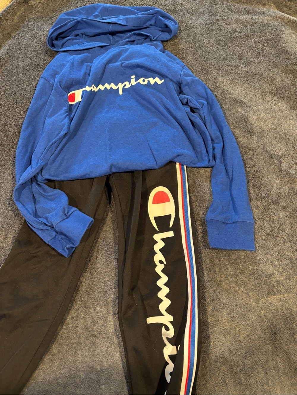 Champion Kids long sleeve Shirt and Black Joggers Blue Red Logo Stripe size S